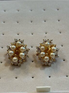 Gold Pearl Cluster Stud Earrings with Clear Crystal Accents